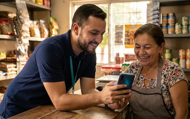 A sales advisor shows ORViTIA on his phone to the owner of a neighborhood shop.