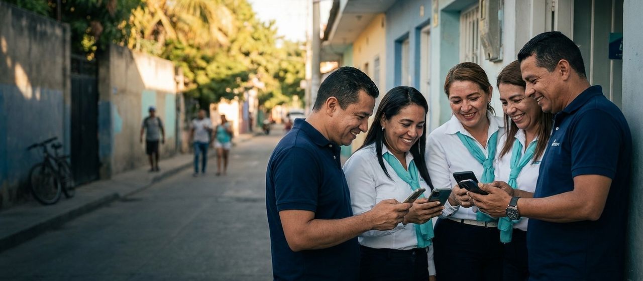 Equipo de asesores comerciales revisa sus visitas del día en el teléfono.